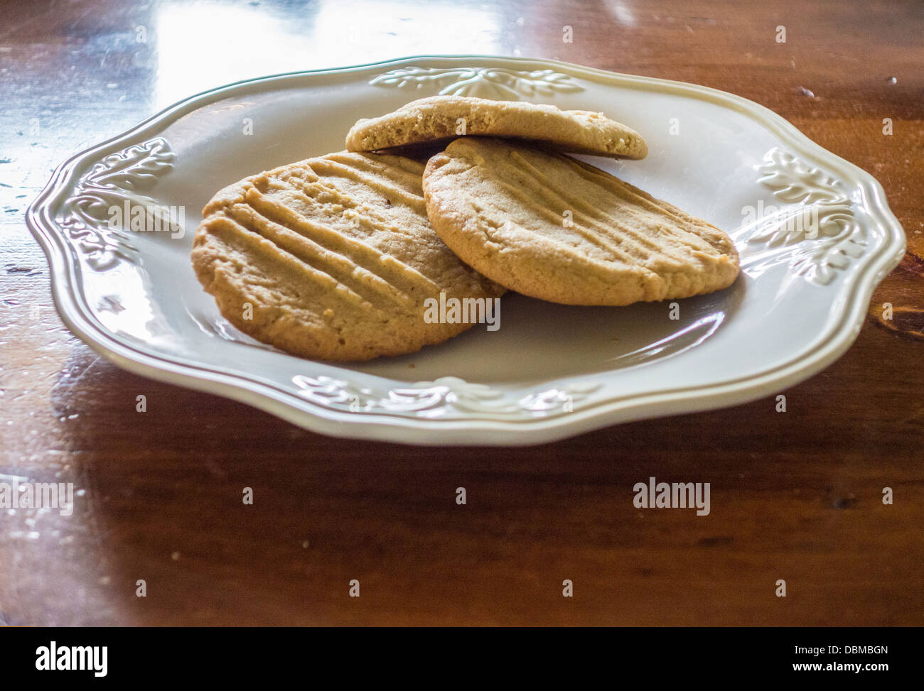 Hausgemachte Erdnussbutter Plätzchen, frisch gebacken und auf einem weißen Teller. USA. Stockfoto