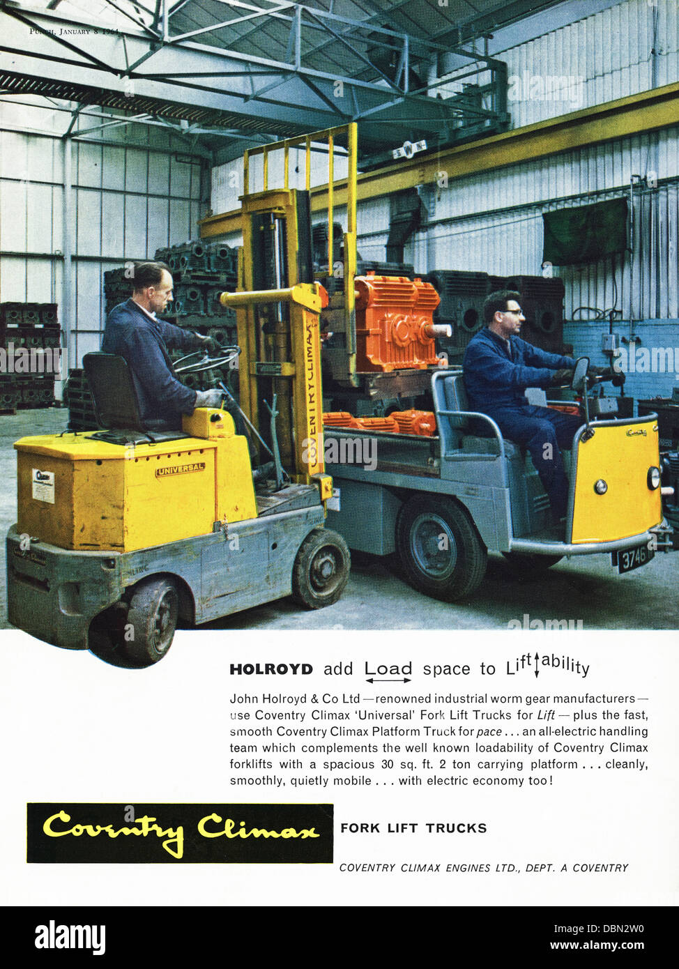 Werbung für Coventry Climax industrielle Gabelstapler LKW England UK im Magazin ca. 1964 Stockfoto