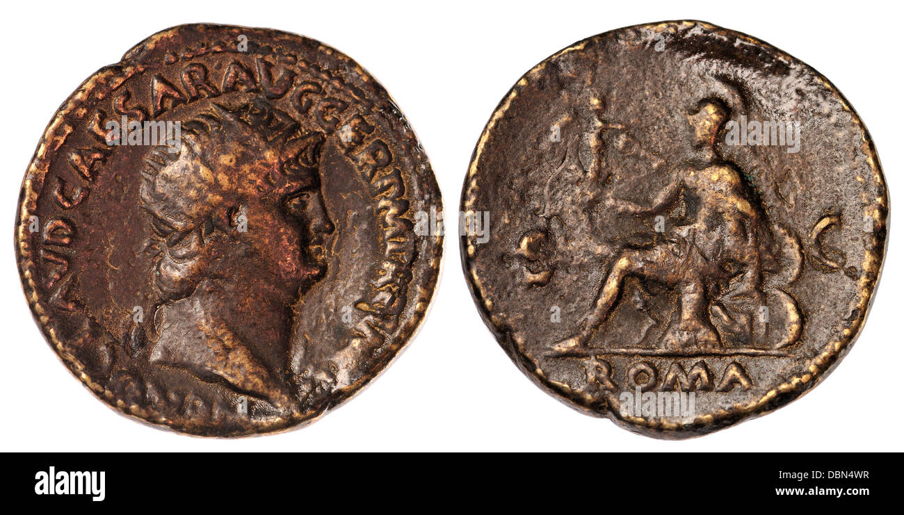 Nero, AE Sestertius. Revers: Roma, sitzt links auf Kürass, Abhaltung von Sieg und Parazonium (Nachbau - "WRL" Markierungen entfernt) Stockfoto