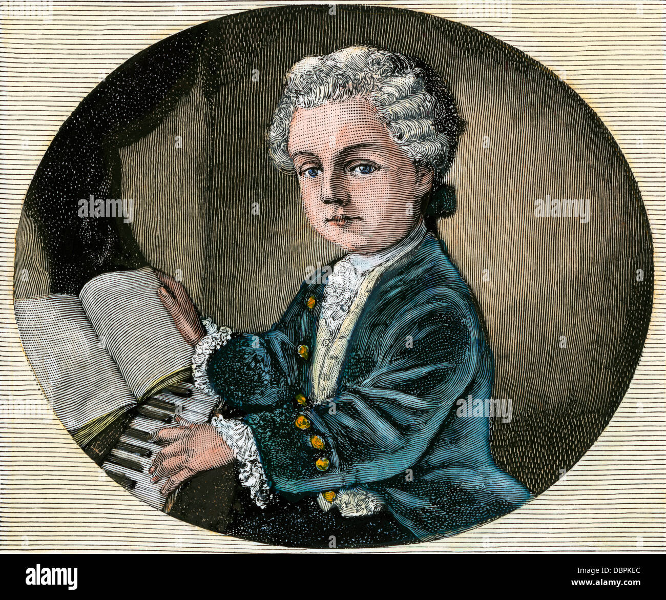 Mozart im Alter von 4 Jahren. Hand - farbige Holzschnitt Stockfoto