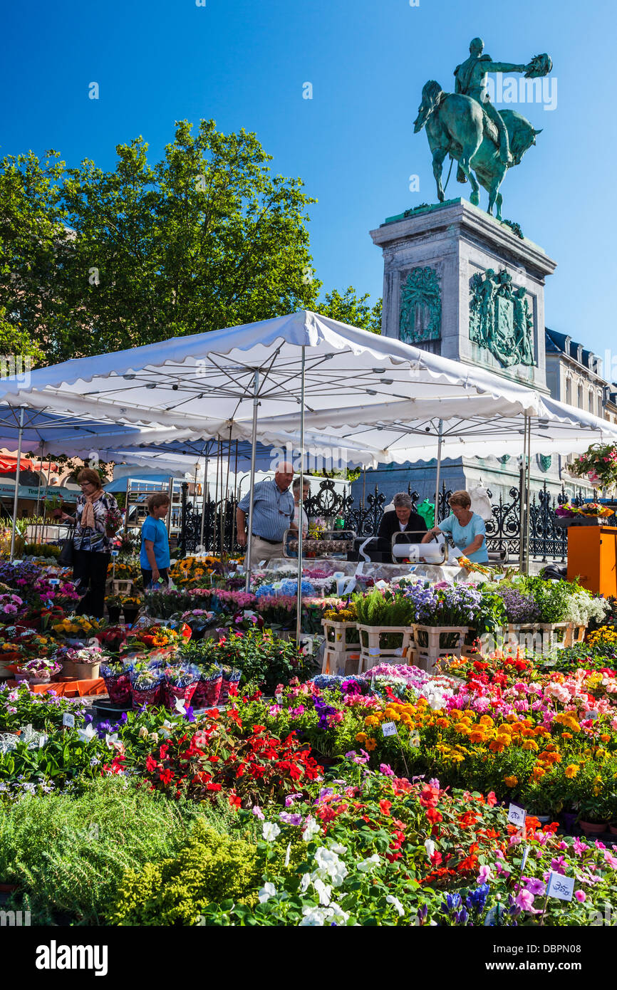 Blumenmarkt in der Place Guillaume II in Luxemburg mit der Statue des gleichnamigen Großherzog Wilhelm II im Hintergrund. Stockfoto