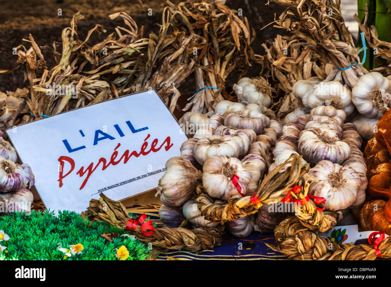 Knoblauch aus den Pyrenäen auf dem Display auf einen Stand auf dem Markt in der Place Guillaume II in Luxemburg. Stockfoto