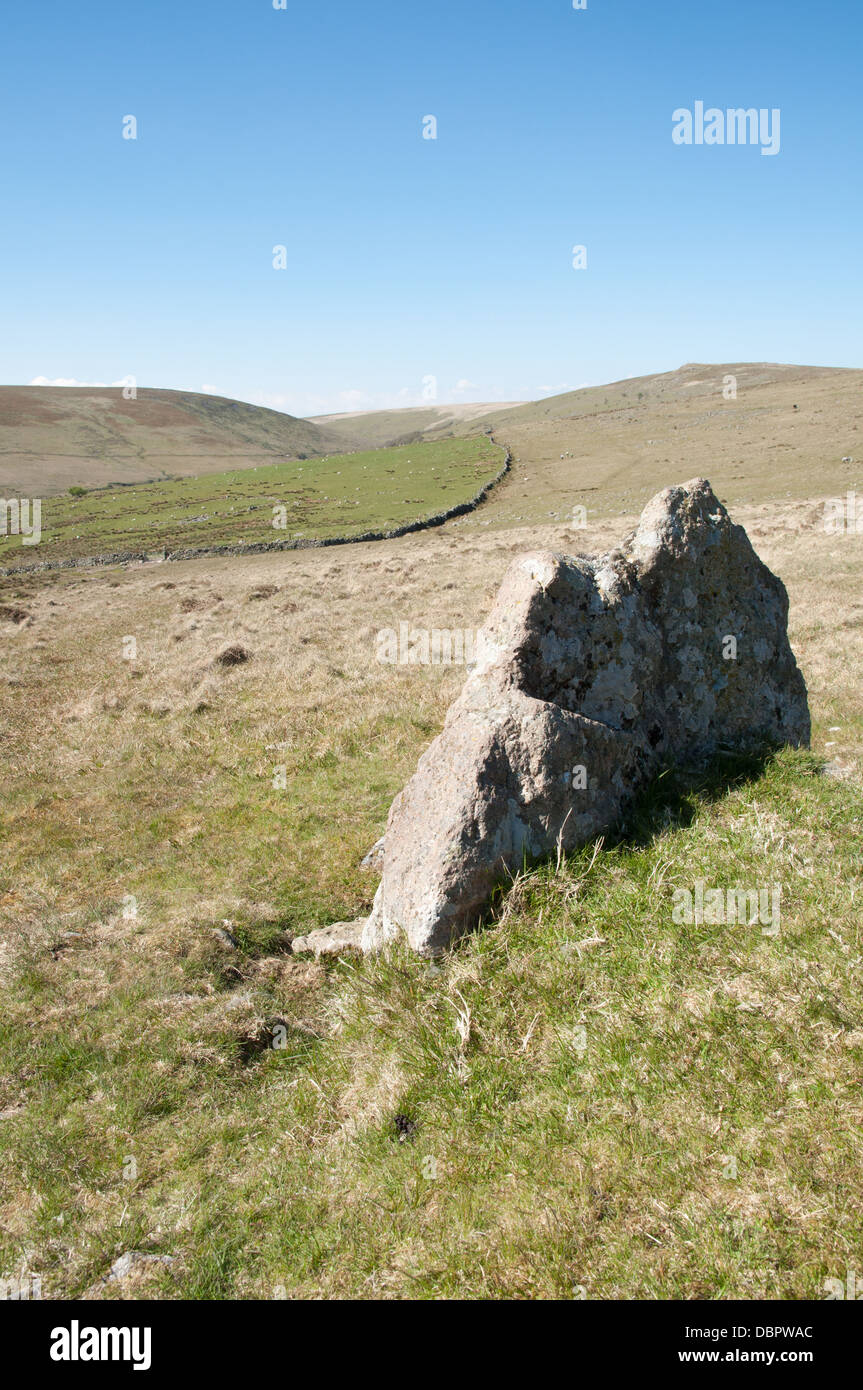 Großer Stein auf Begrenzung der Grabstätte Cist Kammer auf Dartmoor. Stalldown und scharfen Tor entfernt. Stockfoto