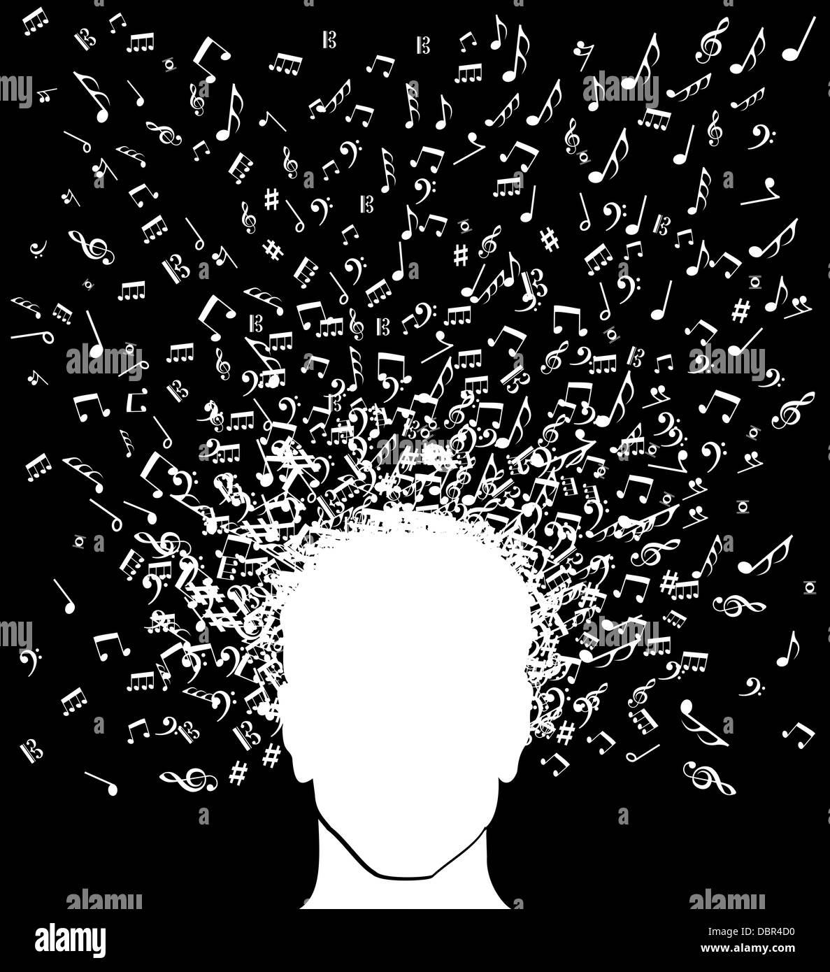 Menschlichen männlichen Kopf Musiknoten Spritzen Abbildung. Vektor-Datei geschichtet für einfache Handhabung und individuelle Farbgebung. Stockfoto