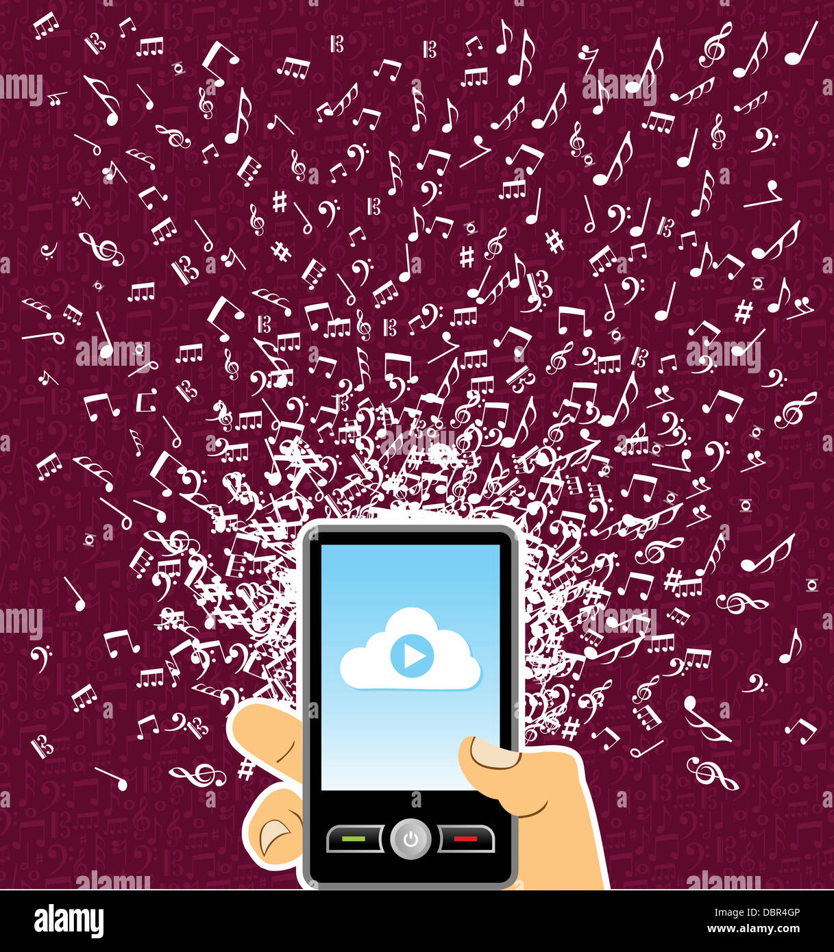Menschliche Hand hält ein Smartphone zufällige Musik Noten Spritzen. Vektor-Datei geschichtet für einfache Handhabung und individuelle Farbgebung. Stockfoto