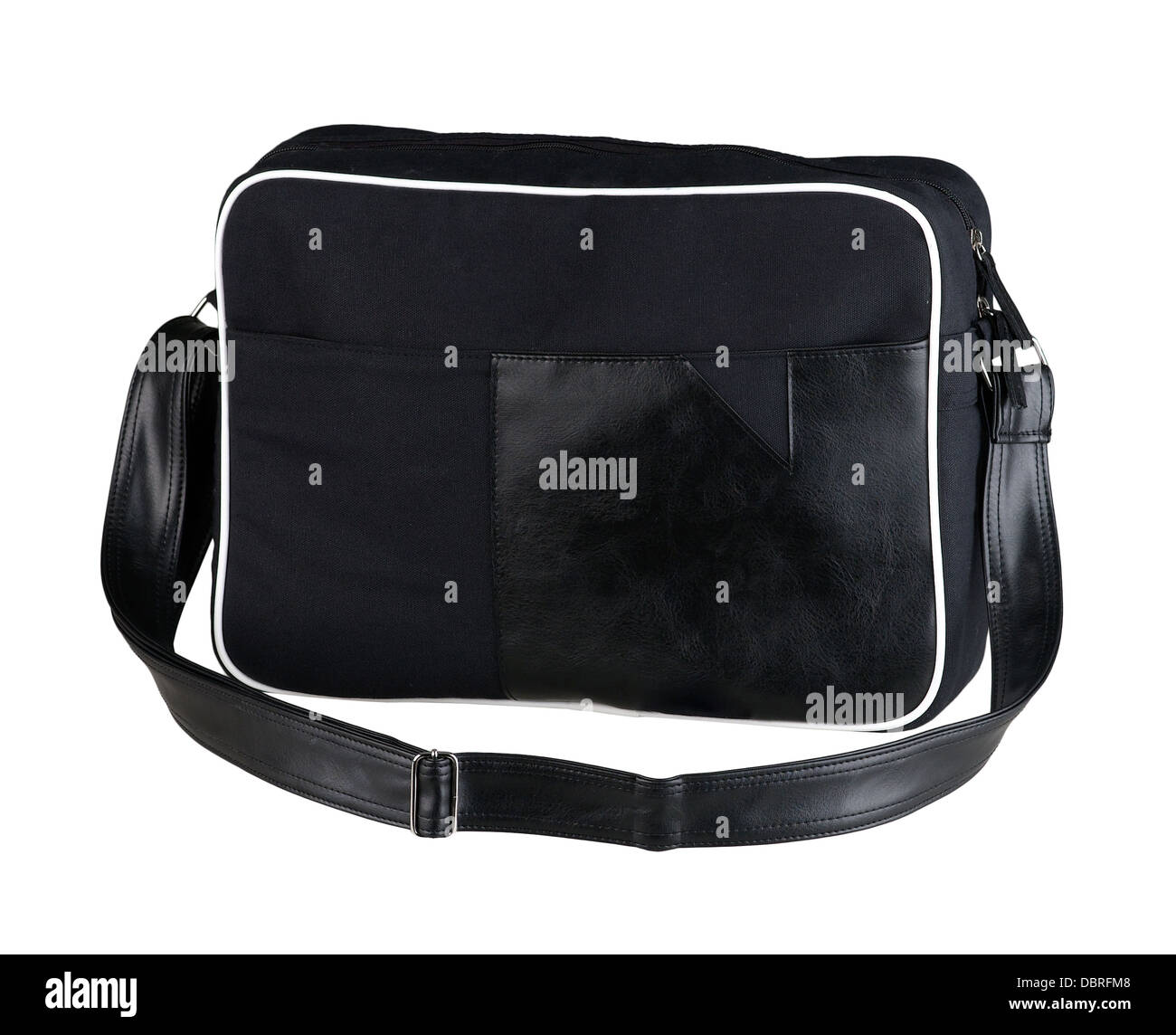 Schwarzes Tuch-Laptop-Tasche mit schwarzem Leder verziert Stockfoto