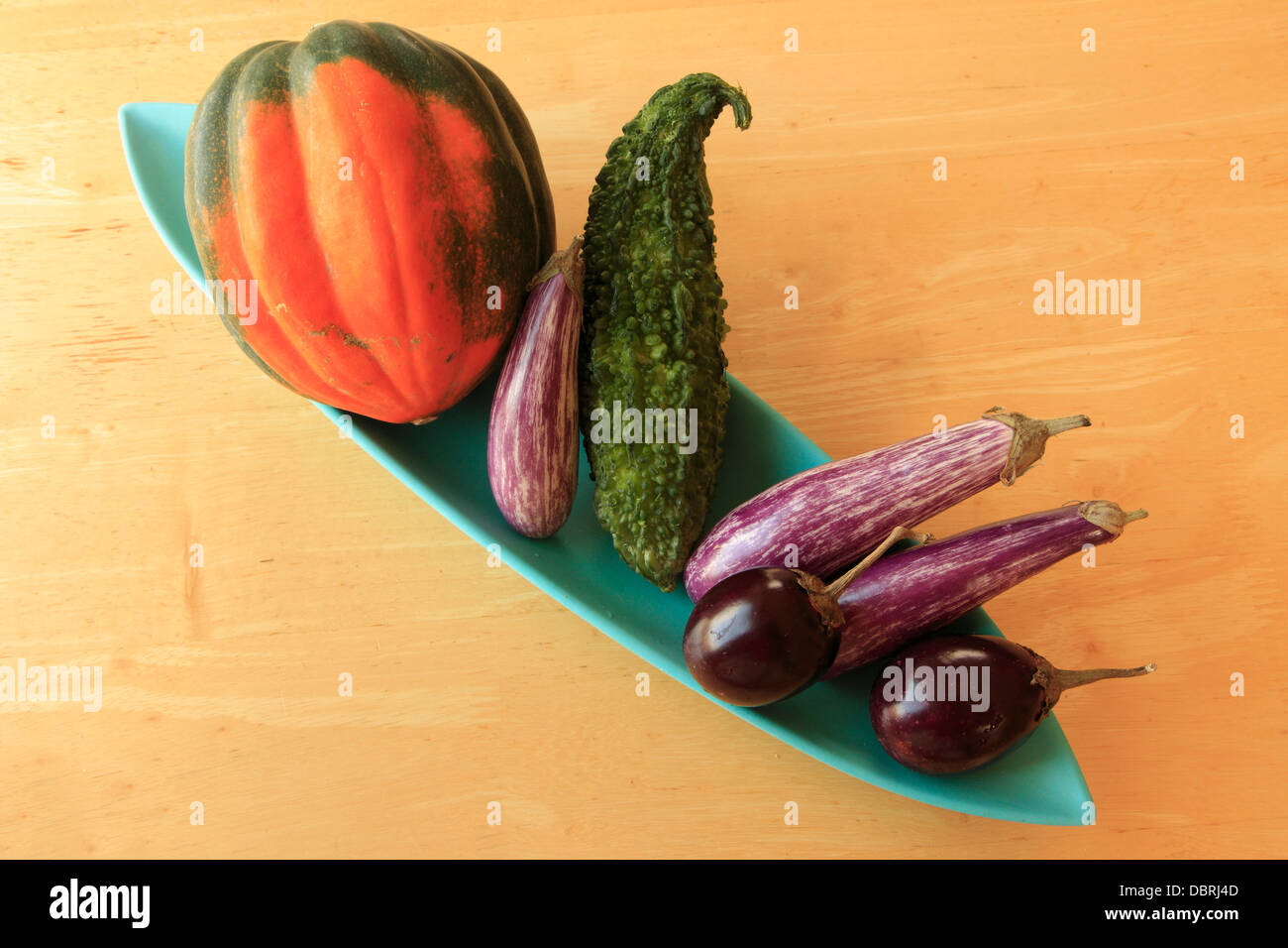 Gemüse, Kürbis, Auberginen, Bittermelone, Stockfoto