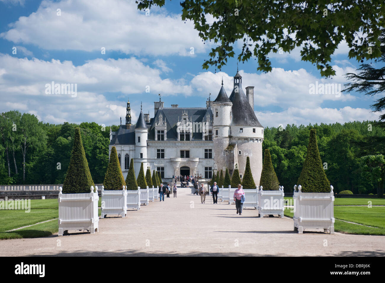 Touristen zu Fuß entlang der Allee führt zu den historischen französischen Château Chenonceau im Loire-Tal, Frankreich Stockfoto