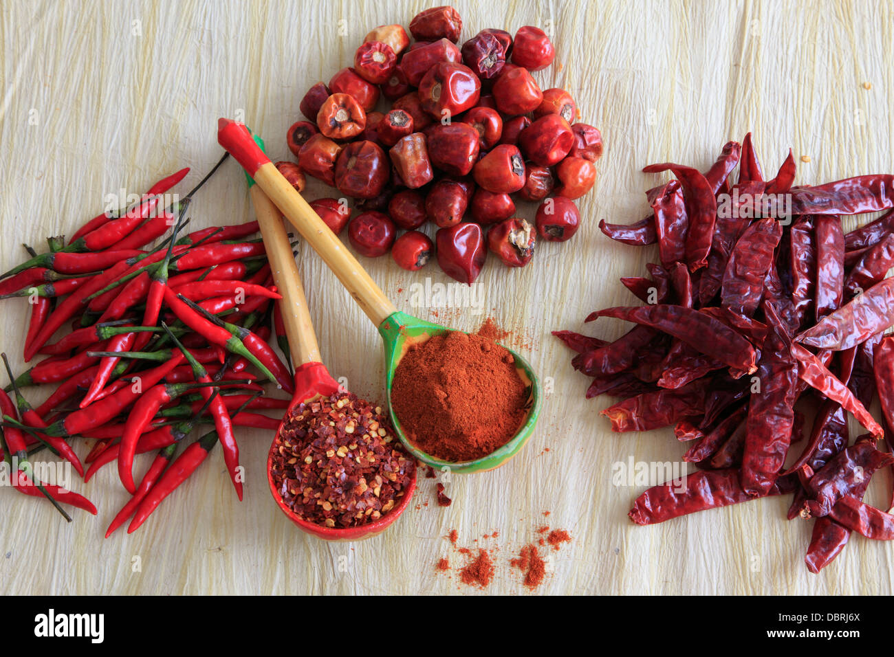 Chilis, Peperoni, Paprika, Stockfoto
