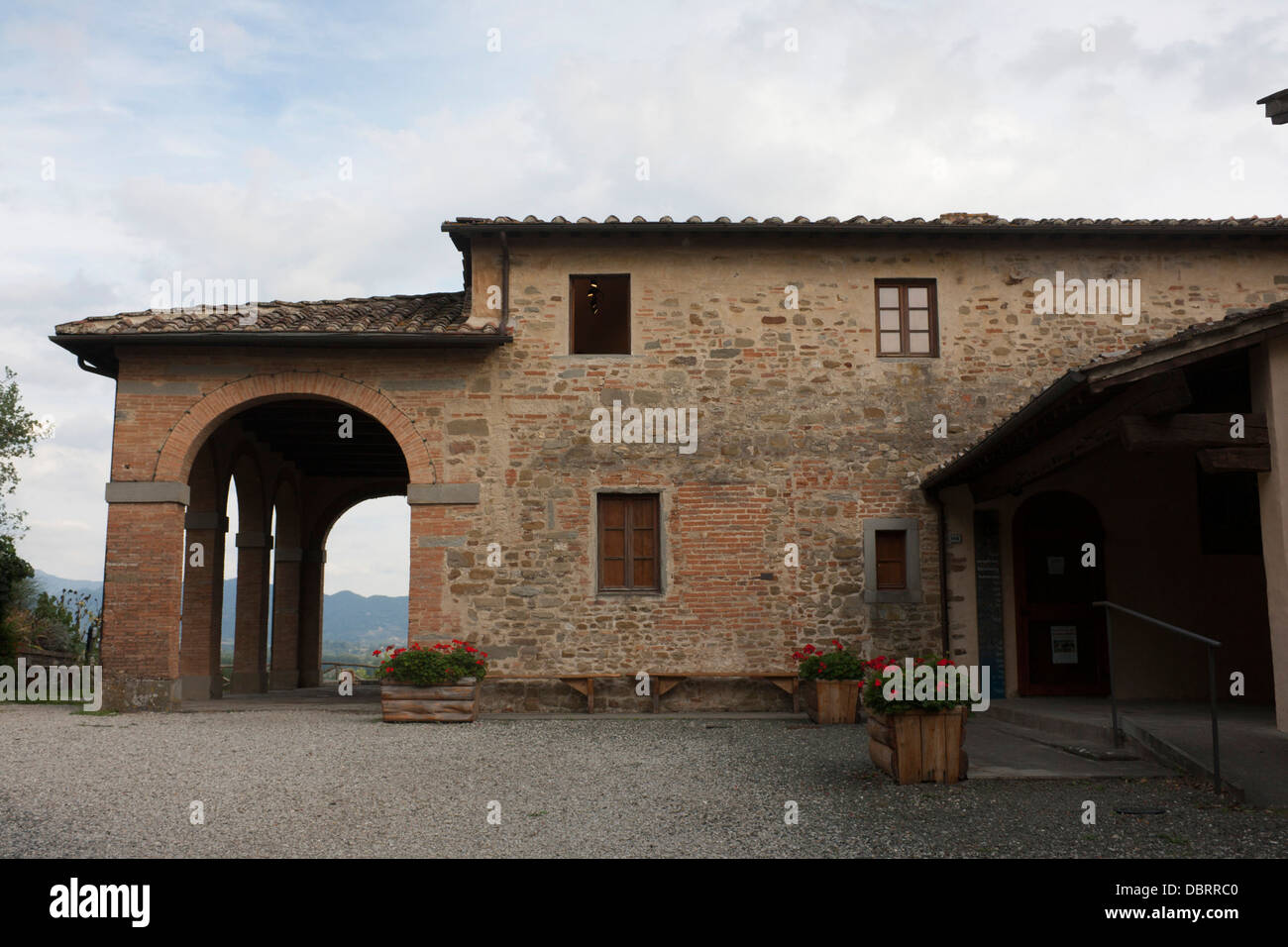 Gedenktafel an der Mauer des Casa Natale di Giotto Geburtsort von Giotto da Bondone Künstlers und Architekten Vespignano Mugello-Toskana-Italien Stockfoto