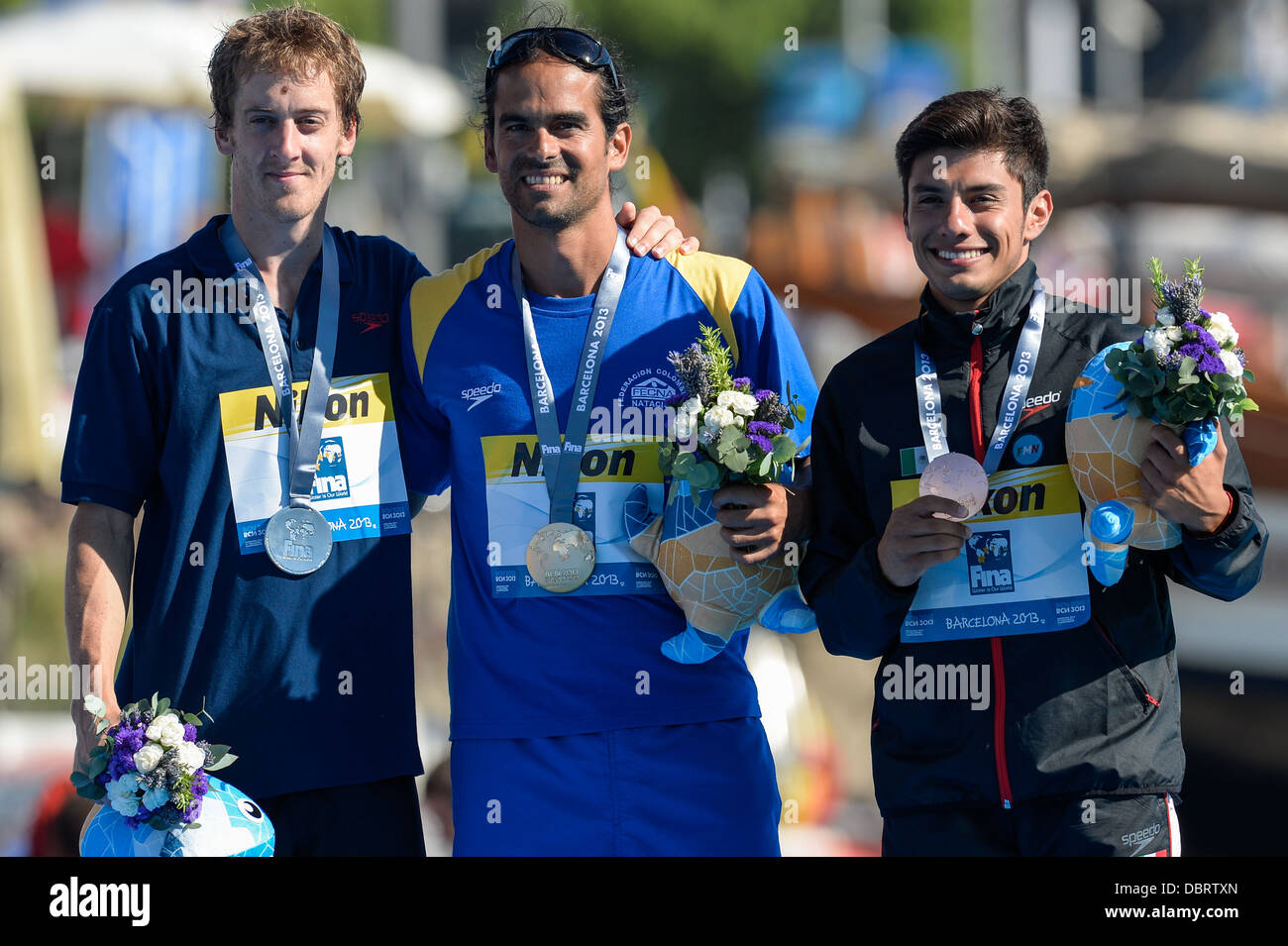 Der Brite Gary Hunt, Kolumbiens Oralando Duque und Mexikos Jonathan Paredes posieren mit Medaillen für die Männer Turmspringen Stockfoto