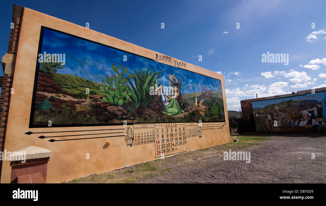 Wandmalerei in Alpine, Texas, Darstellung einer Szene nehmen Platz in Mexiko. Stockfoto