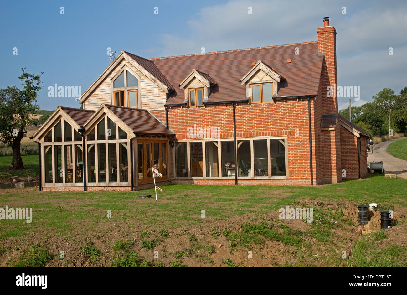 Ländliche Holz Rahmen Eco Neubau mit großen Wintergarten bei Colemans Hill Farm UK Stockfoto