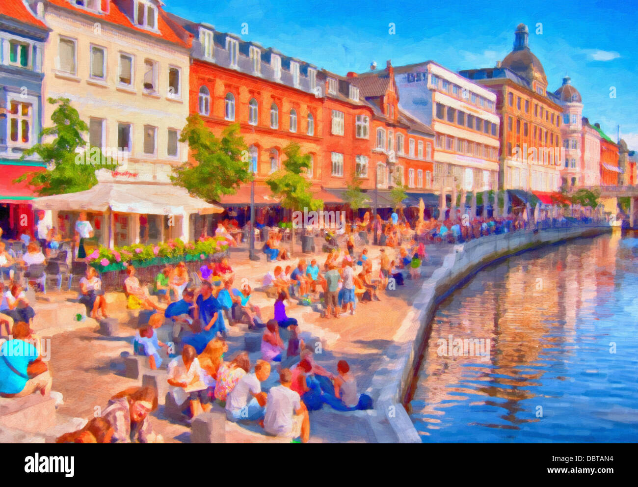 Eine digitale Malerei eines beliebten trinken und Essbereich in der dänischen Stadt Aarhus. Stockfoto