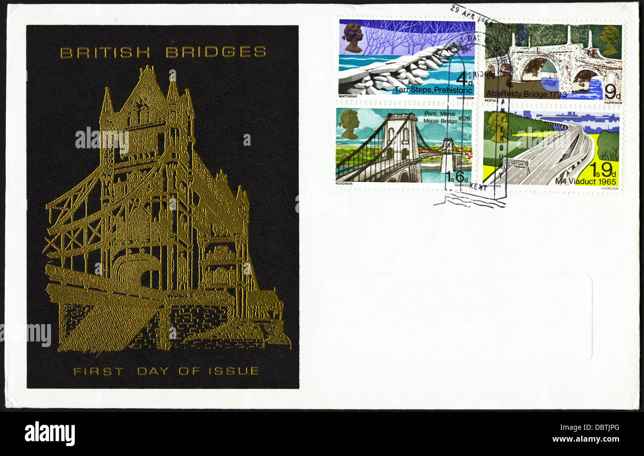 Ersten Tag decken von 1968 British Brücken Briefmarken 4D. 9d, 1s6d & 1s9d Stockfoto