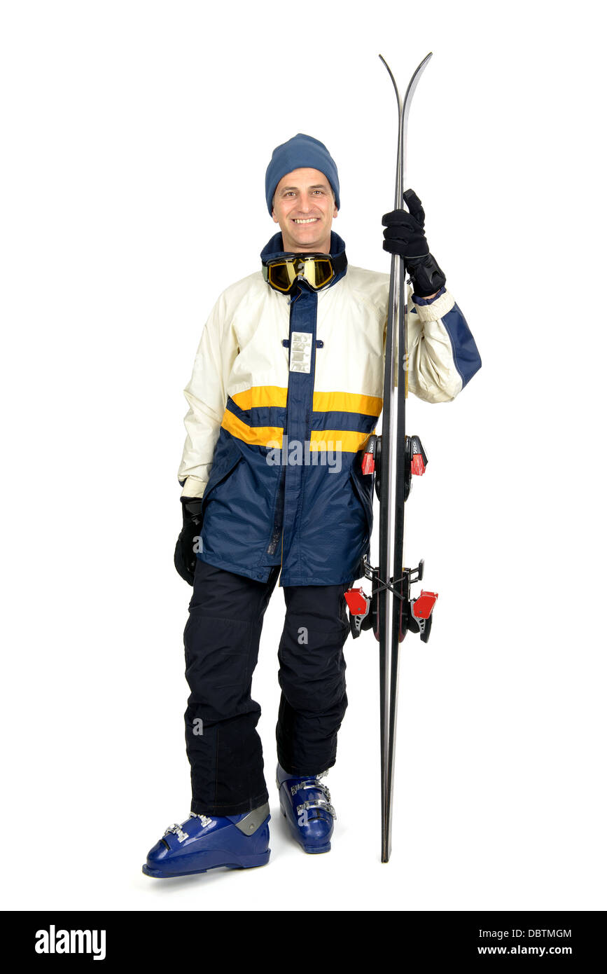 Skifahrer in voller Montur isoliert in weiß Stockfoto