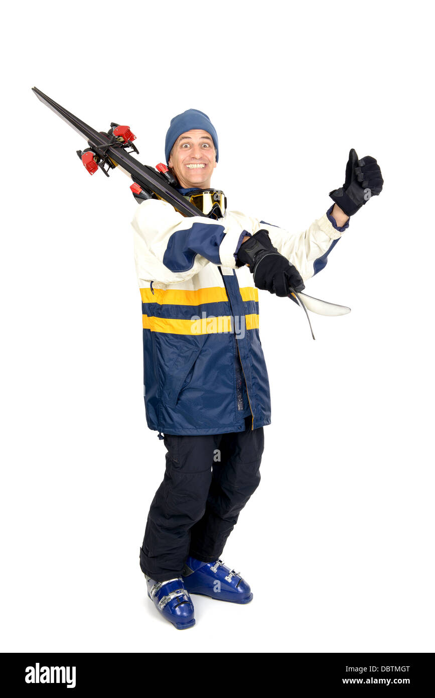 Skifahrer in voller Montur isoliert in weiß Stockfoto