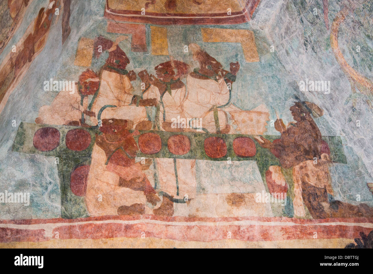 Königliche Familie, die Durchführung einer Blutritual Vermietung, Saal 3, Tempel der Wandmalereien, Bonampak archäologische Zone, Chiapas, Mexiko Stockfoto