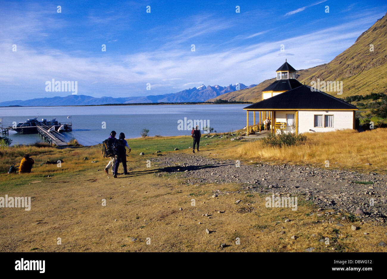 Hotelrestaurant Bahia Tunel. Lago Viedma. El Chalten.Los Anden. Nationalpark Los Glaciares. Provinz Santa Cruz. Patagonien. Stockfoto