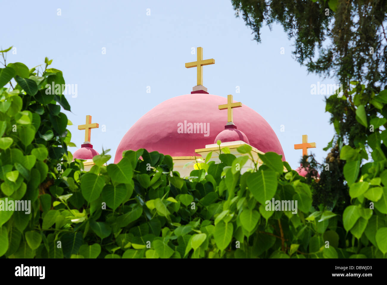 Christlichen griechisch-orthodoxe Kirche der sieben Apostel in Kapernaum (Israel) im Rahmen der natürlichen Laub Stockfoto