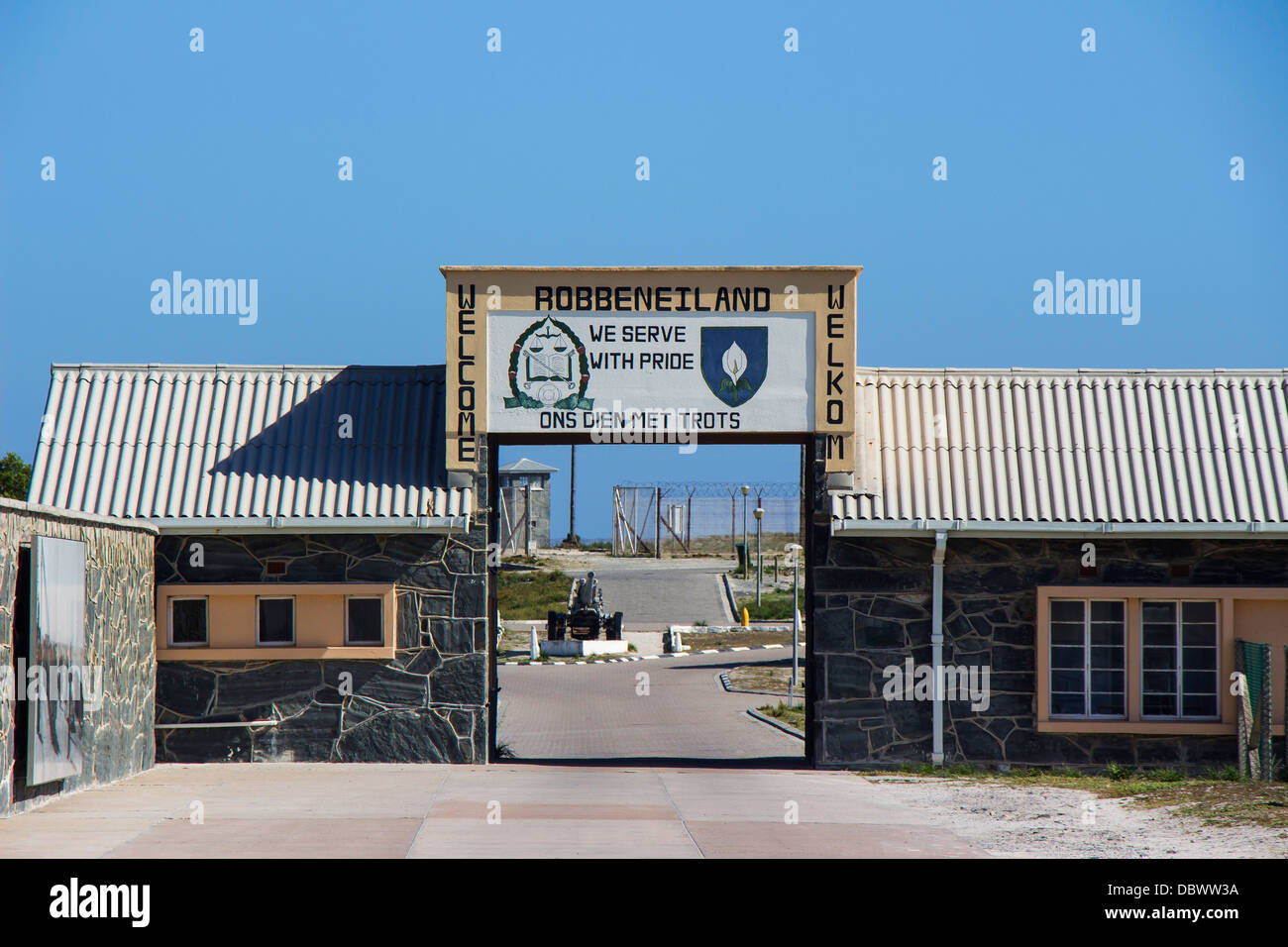 Ein "Welcome to Robben Island" unterzeichnen am Hafen auf der Insel Stockfoto