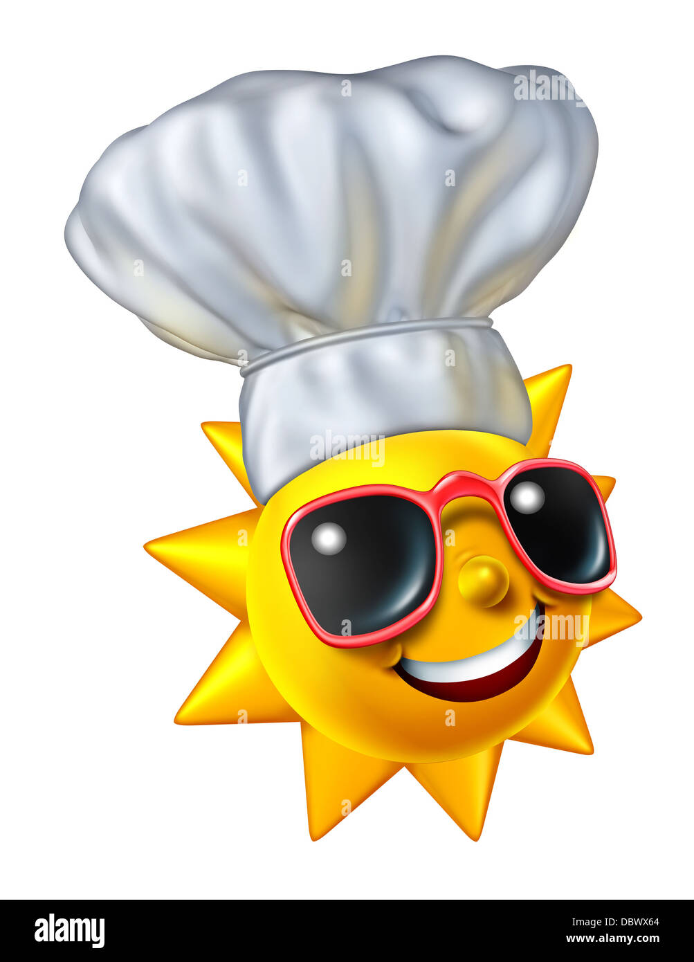 Sommer-Kochen und Grillen, Grillen im Freien für einen Urlaub als glücklich Sonne Charakter einen Koch Hut als Nahrung und trinken Konzept für Freizeit Lebensstile isoliert auf einem weißen Hintergrund. Stockfoto
