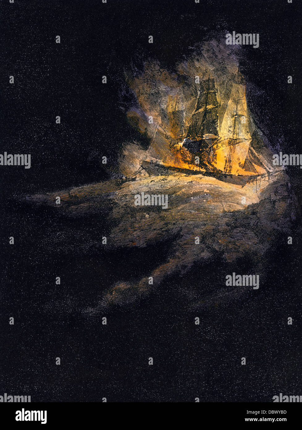 Phantom brennenden Schiff von Seglern berichtet. Hand - farbige Holzschnitt Stockfoto