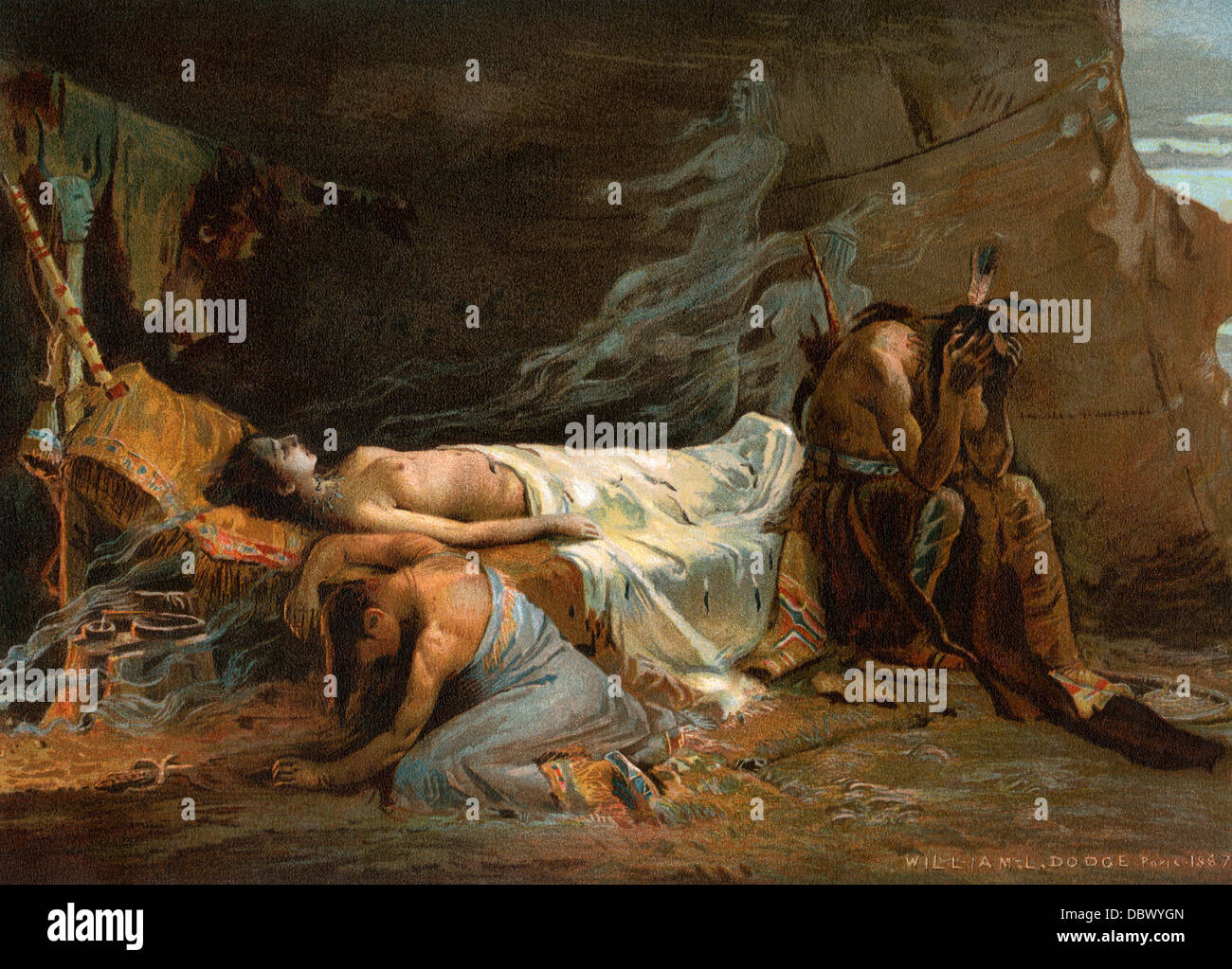 Hiawatha und Nokomis Trauer Minnehaha. Farblithographie von William Dodge Abbildung Stockfoto