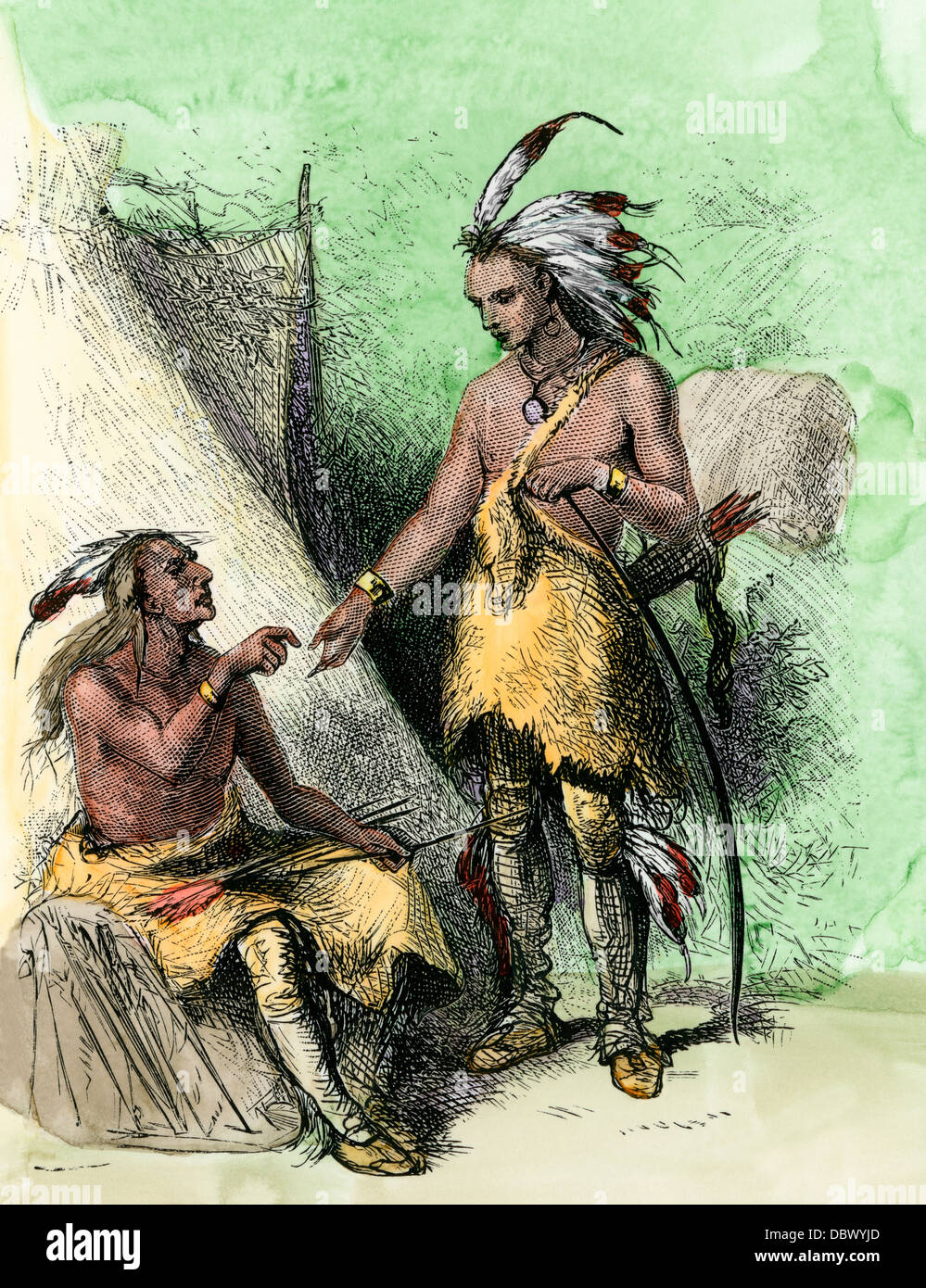 Hiawatha in einem Irokesen Dorf, 1500. Hand - farbige Holzschnitt Stockfoto
