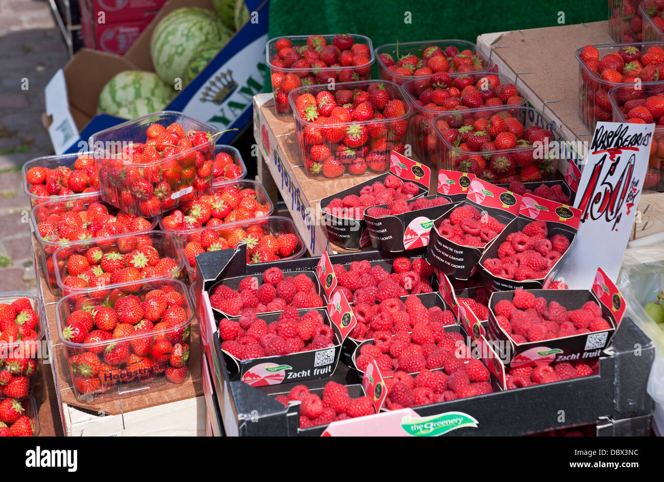 Punnets von frischen Erdbeeren und Himbeeren zum Verkauf auf dem Marktstand im Sommer York North Yorkshire England Großbritannien GB Großbritannien Stockfoto