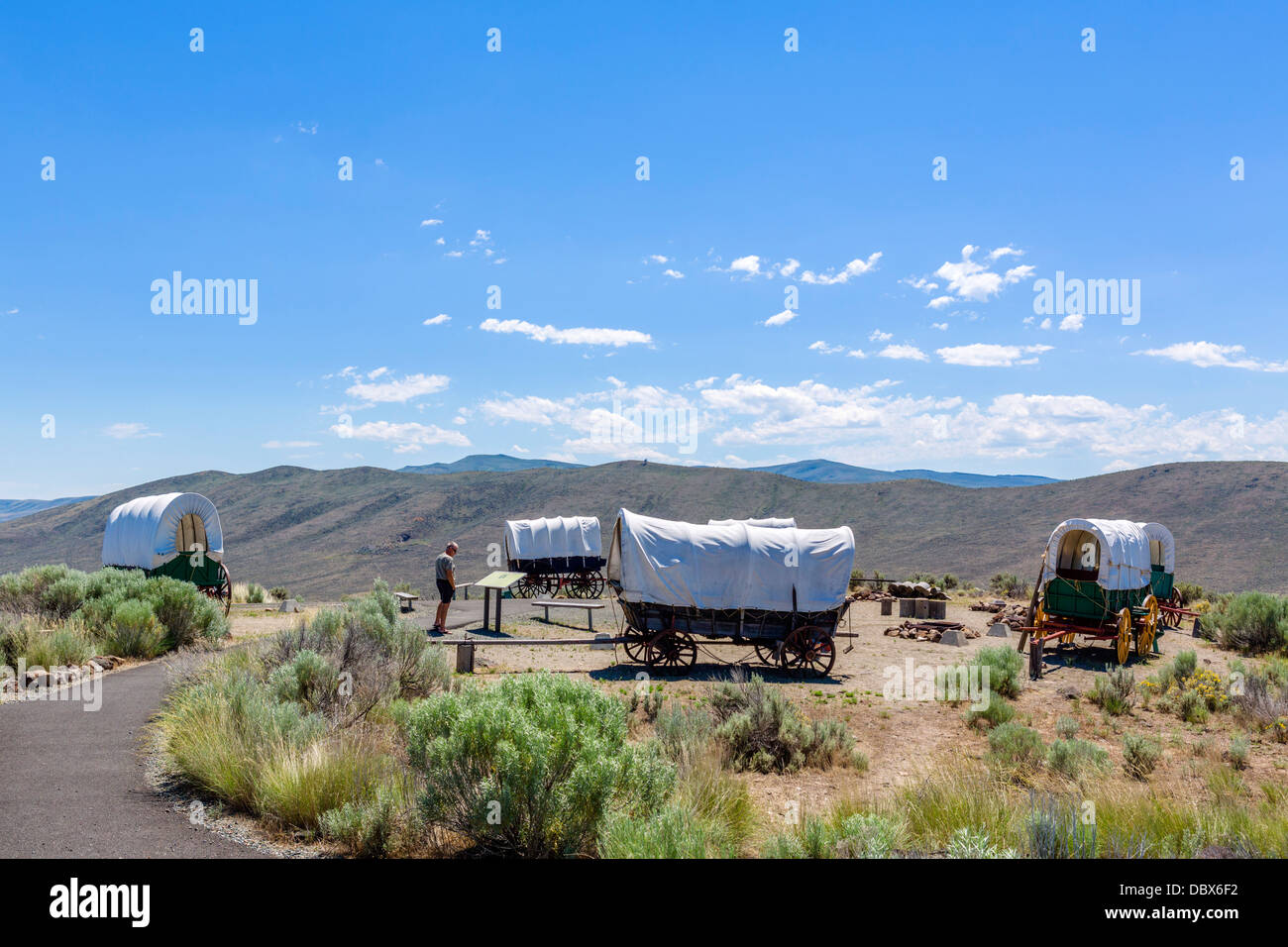 Das Wagen-Lager an der nationalen historischen Oregon Trail Interpretive Center, Baker, Oregon, USA Stockfoto
