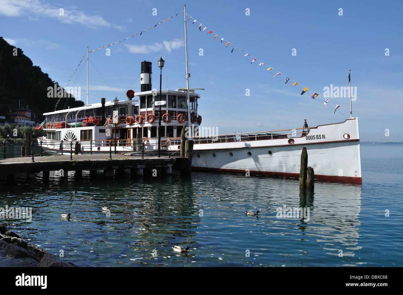 Paddelboot G. Zanardelli vertäut am Gardasee, am Gardasee. Die ursprüngliche Dampfmaschine wurde jetzt von Diesel ersetzt. Stockfoto