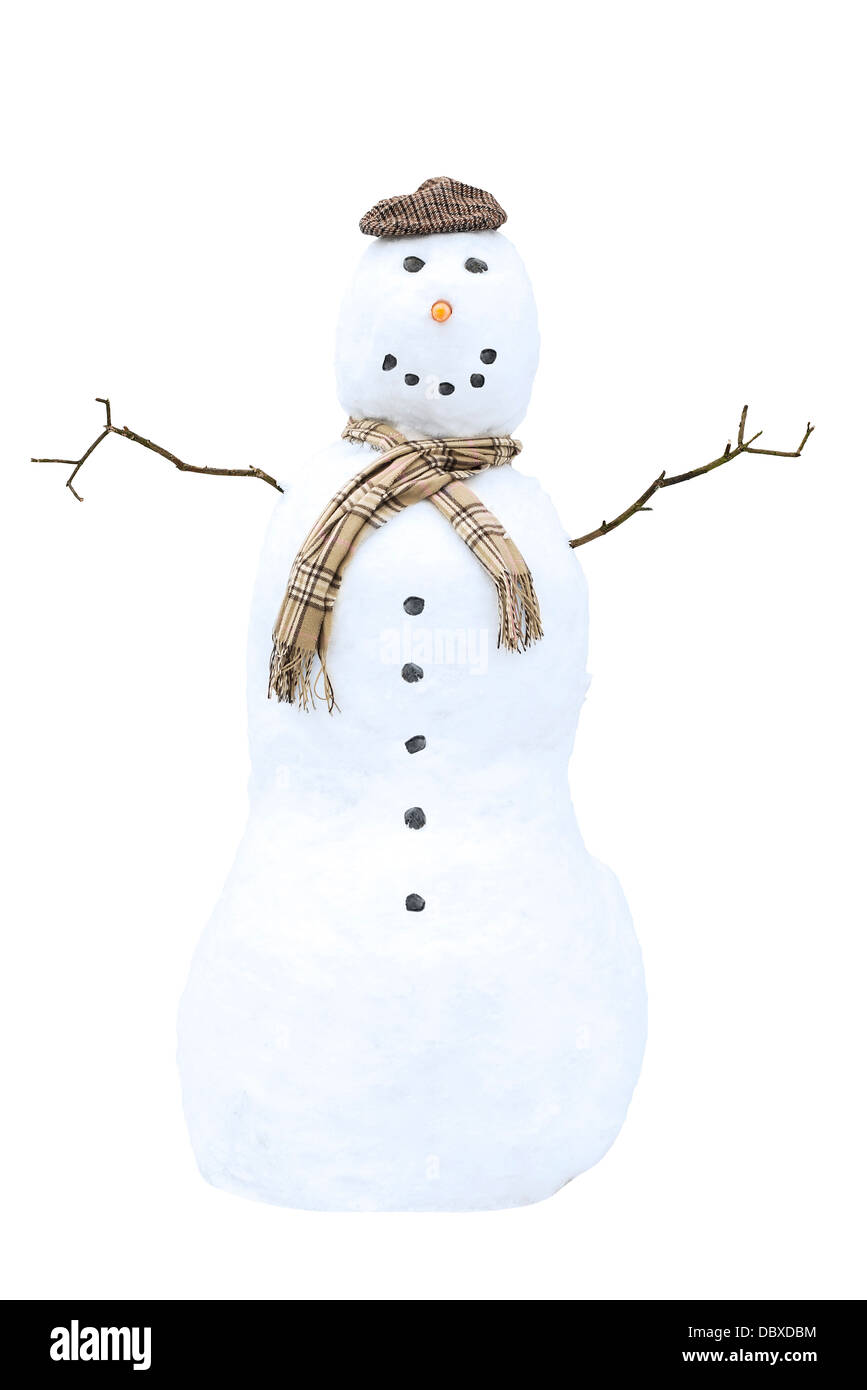 Schneemann mit flachen Mütze auf weißem Hintergrund Stockfoto