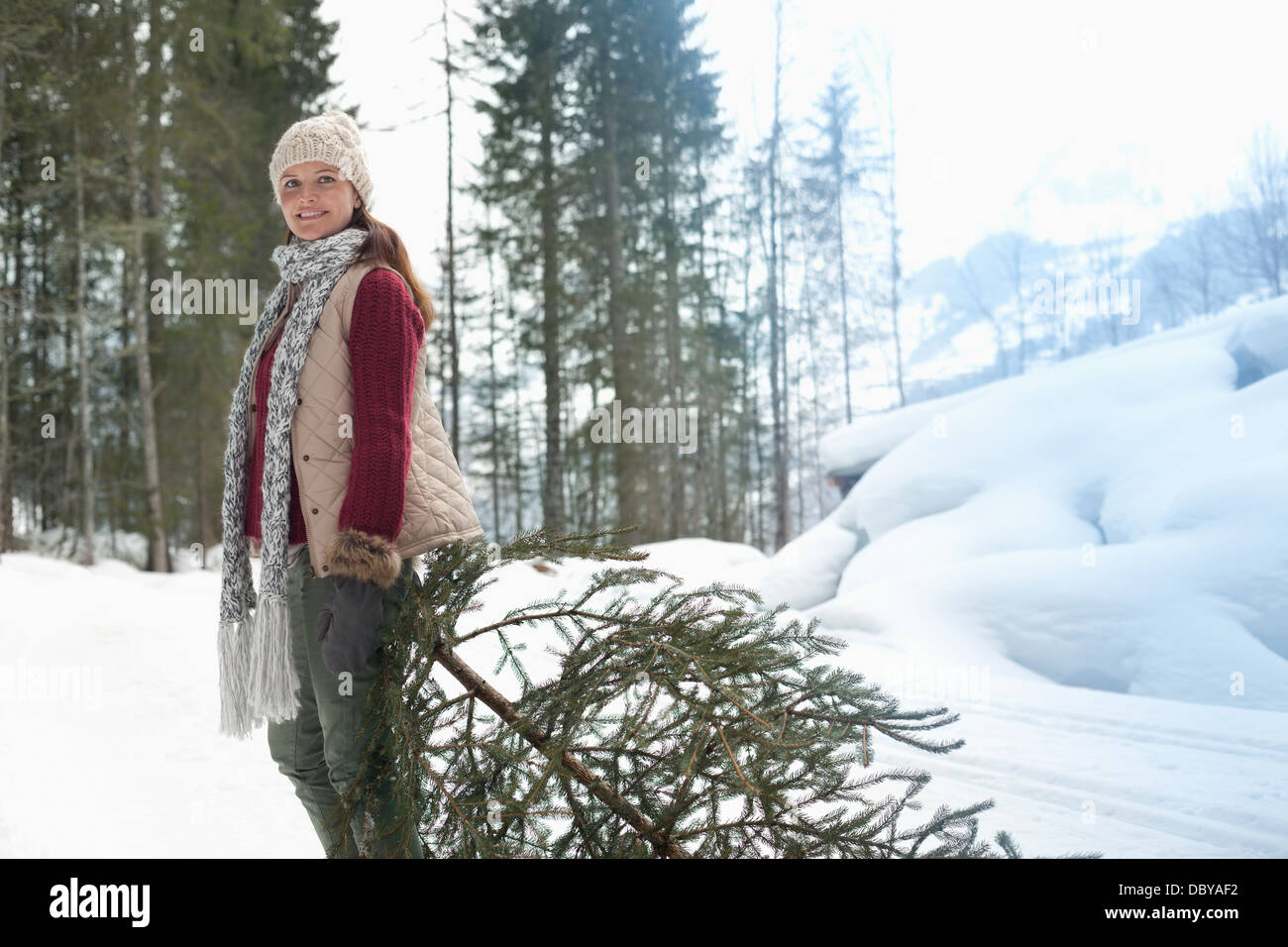 Porträt der lächelnde Frau ziehen frischen Weihnachtsbaum im Schnee Stockfoto