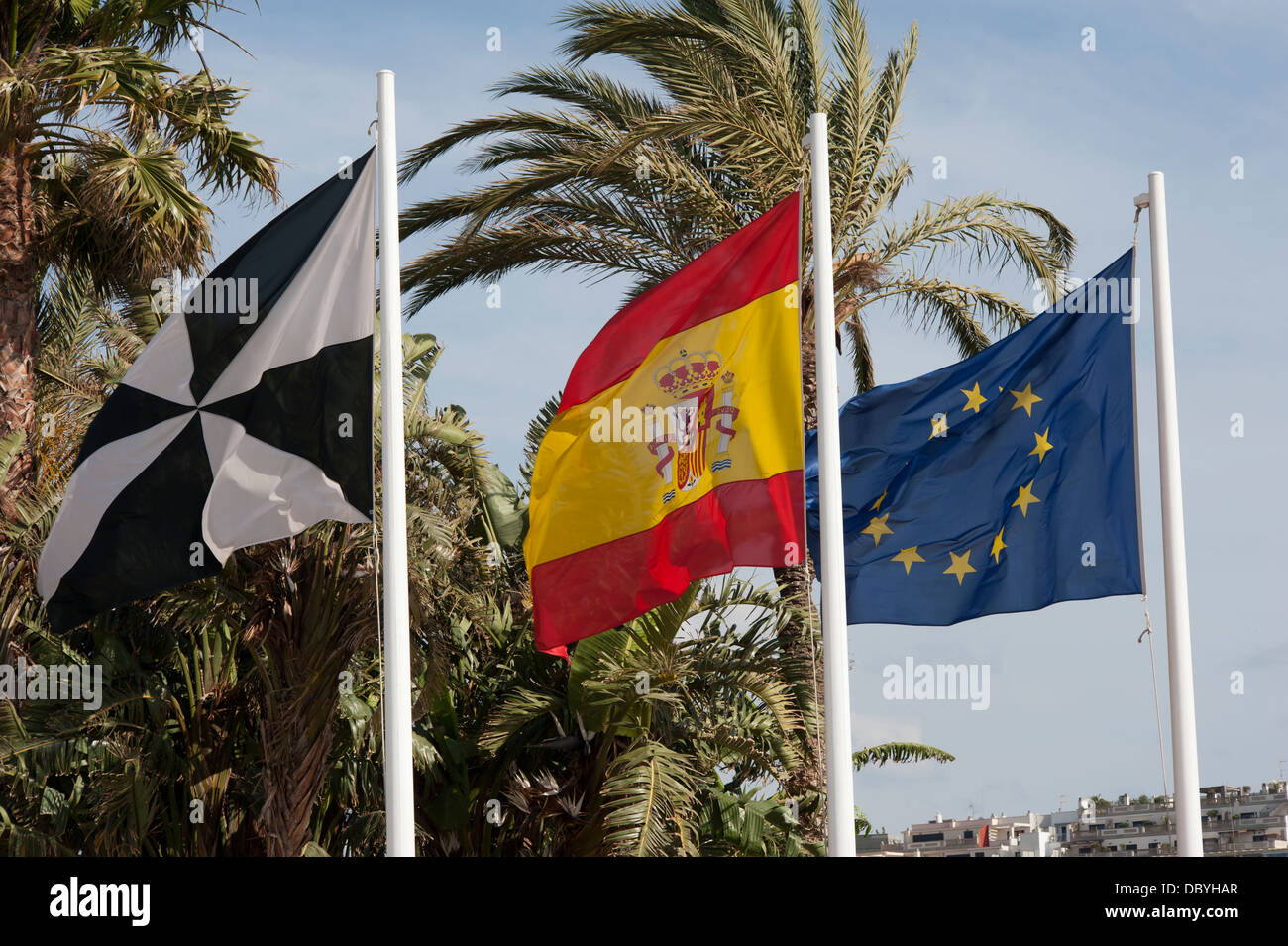 Ceuta, Spanien und der Europäischen Gemeinschaft-Fahnen. Ceuta, Spanien. Stockfoto