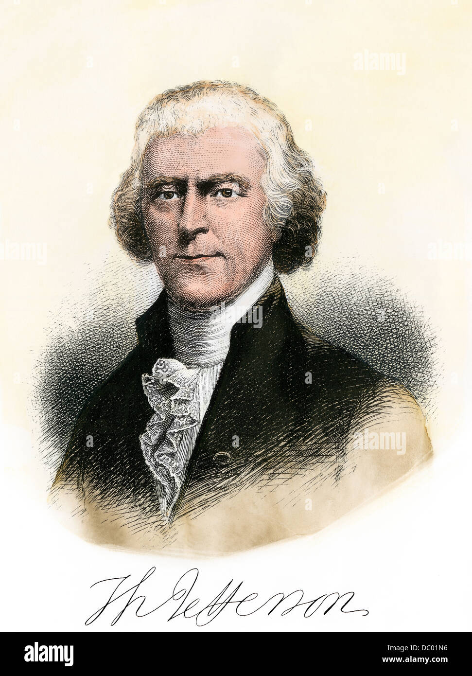 Thomas Jefferson, mit Autogramm. Handcolorierte Stahlstich Stockfoto
