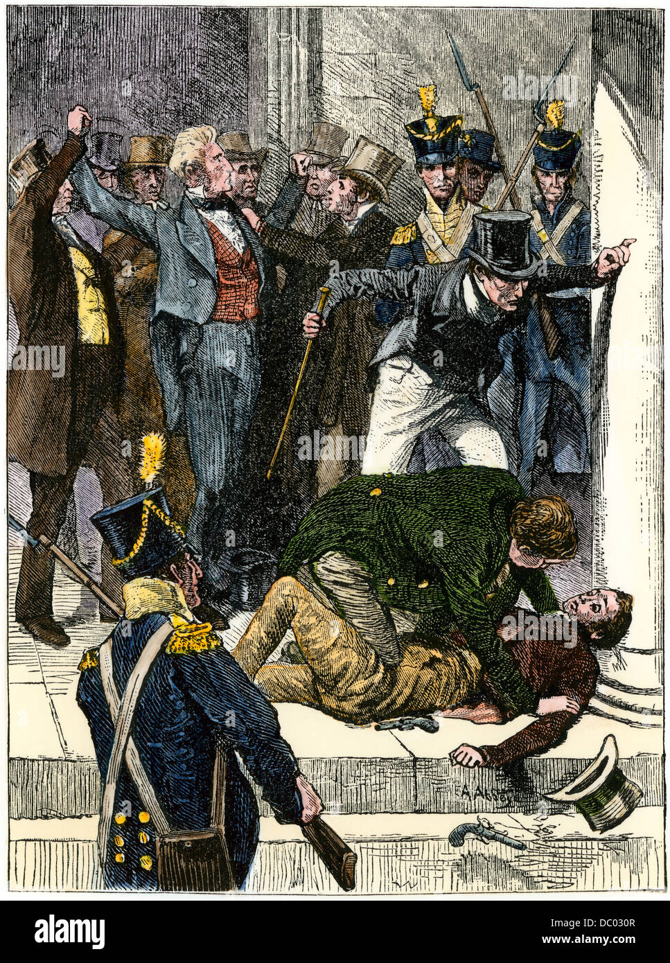 Versuchten Attentats von Präsident Andrew Jackson. Hand - farbige Holzschnitt Stockfoto