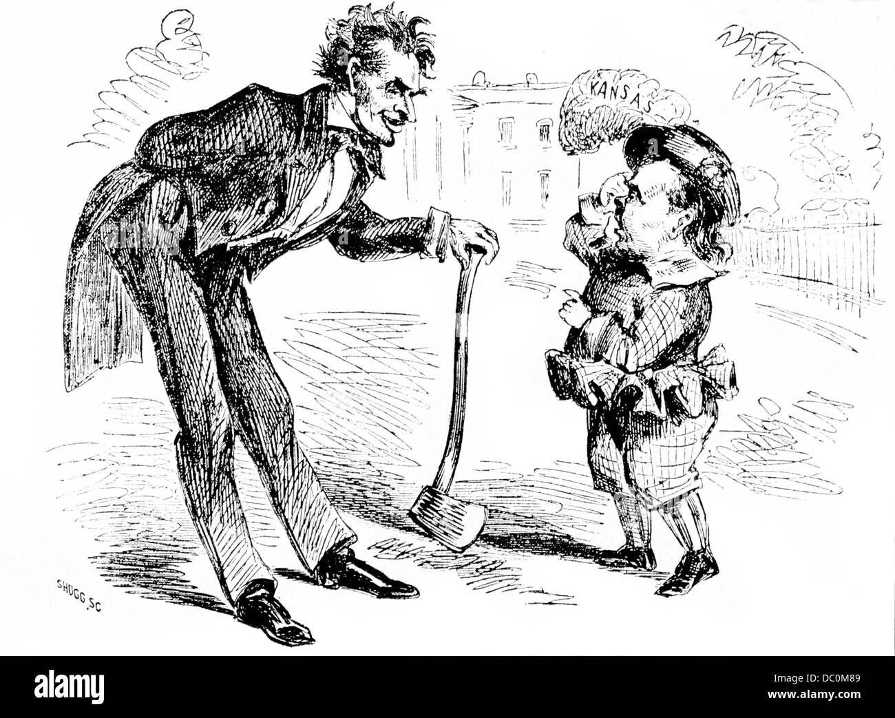 DER 1800ER 1850ER JAHRE 1859 ABRAHAM LINCOLN MIT AXT UND STEPHEN DOUGLAS WEIßEN VORDERHAUS CARTOON Stockfoto
