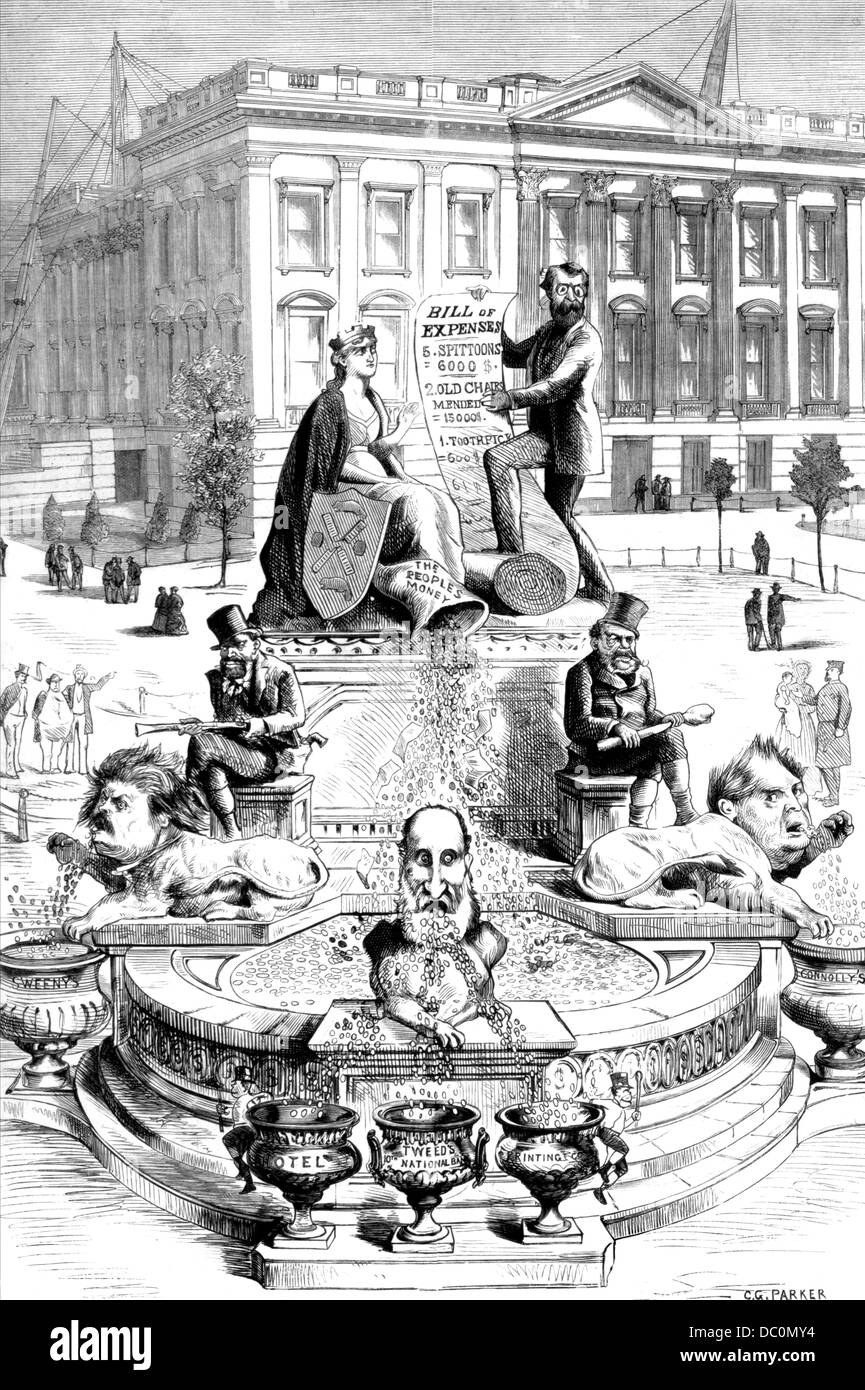 1800S 1871 POLITISCHE KARIKATUR VON C G PARKER DESIGN FÜR VORGESCHLAGENE FOUNTAIN CITY HALL PARK ZEIGT GRAFT KORRUPTION Stockfoto