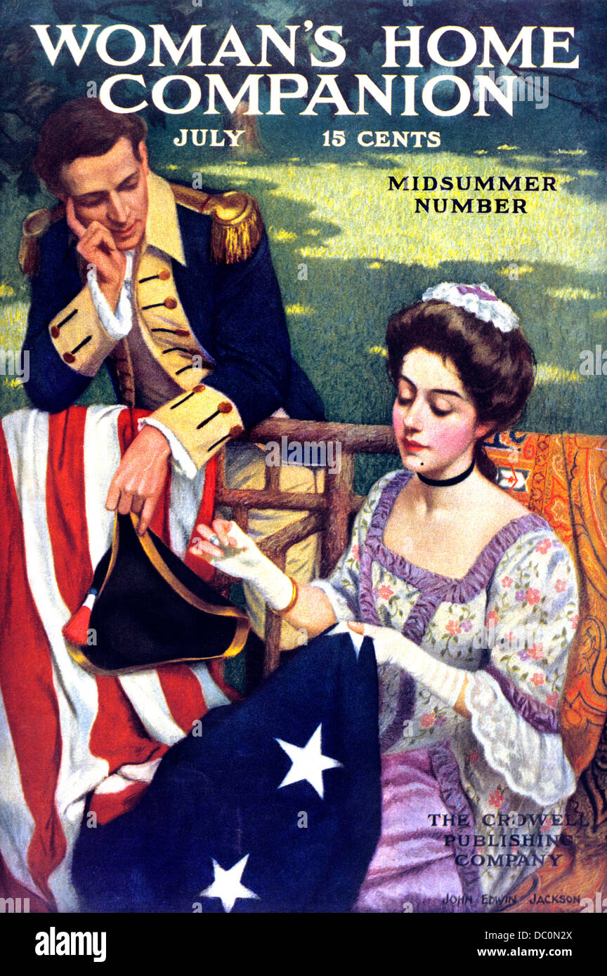 BETSY ROSS NÄHEN ERSTE AMERIKANISCHE FLAGGE JULI 1909 WOMAN ES HOME COMPANION-MAGAZIN-COVER Stockfoto