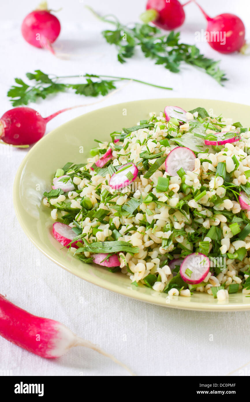 Salatteller mit Bulgur, Gemüse und Kräutern Stockfoto