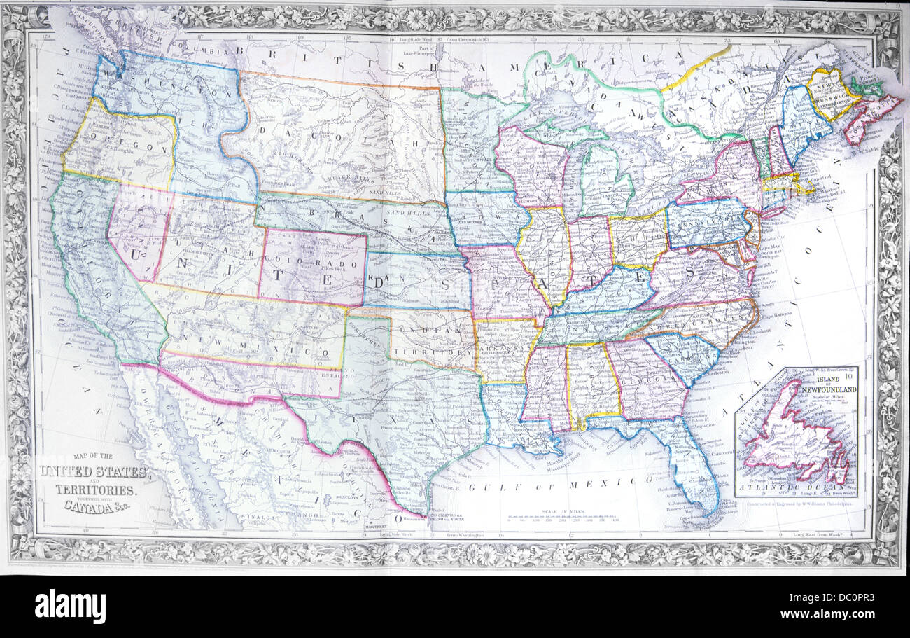DER 1800ER DER 1860ER JAHRE 1867 KARTE VON VEREINIGTE STAATEN Stockfoto