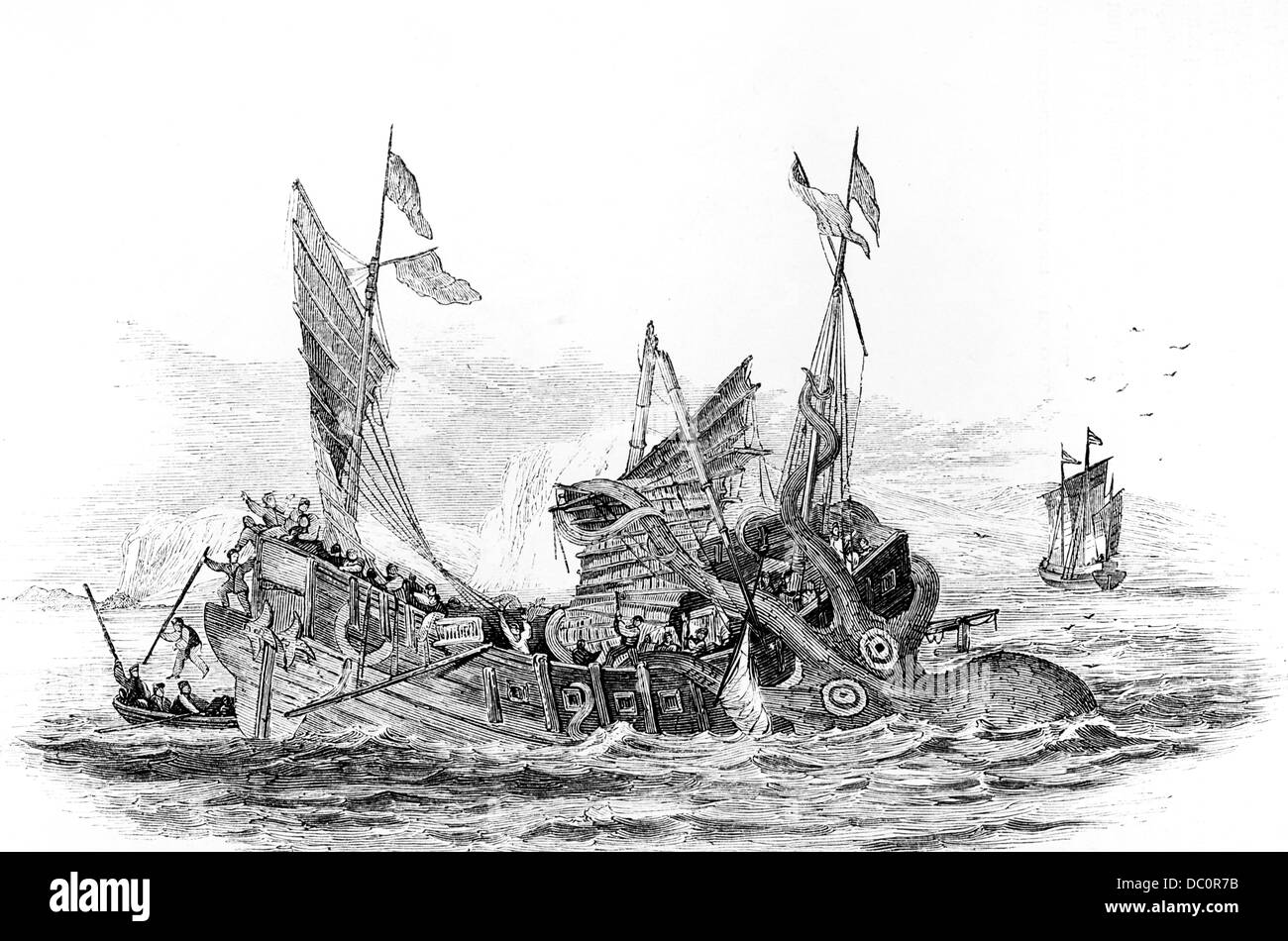 ILLUSTRATION DER COLASSAL SEA MONSTER SQUID ANGRIFF AUF EIN SCHIFF-SCHIFF IN DER INDISCHEN MEER GAFF RIGGED CHINESISCHE DSCHUNKE 1800S 1860S Stockfoto