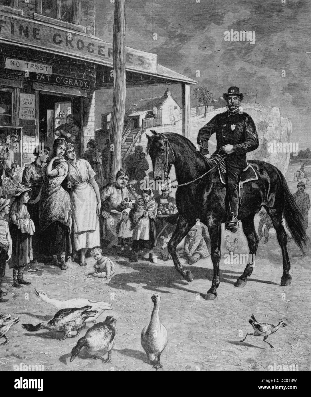 1880ER JAHRE ZEICHNUNG VON BERITTENEN POLIZISTEN IN NEW YORK CITY, BEWUNDERT VON GRUPPE BEGEISTERTER JUNGER FRAUEN Stockfoto