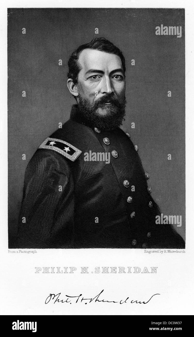 1800S 1860S PORTRAIT MAJOR GENERAL PHILIP H. SHERIDAN MIT UNTERSCHRIFT BLICK IN DIE KAMERA Stockfoto