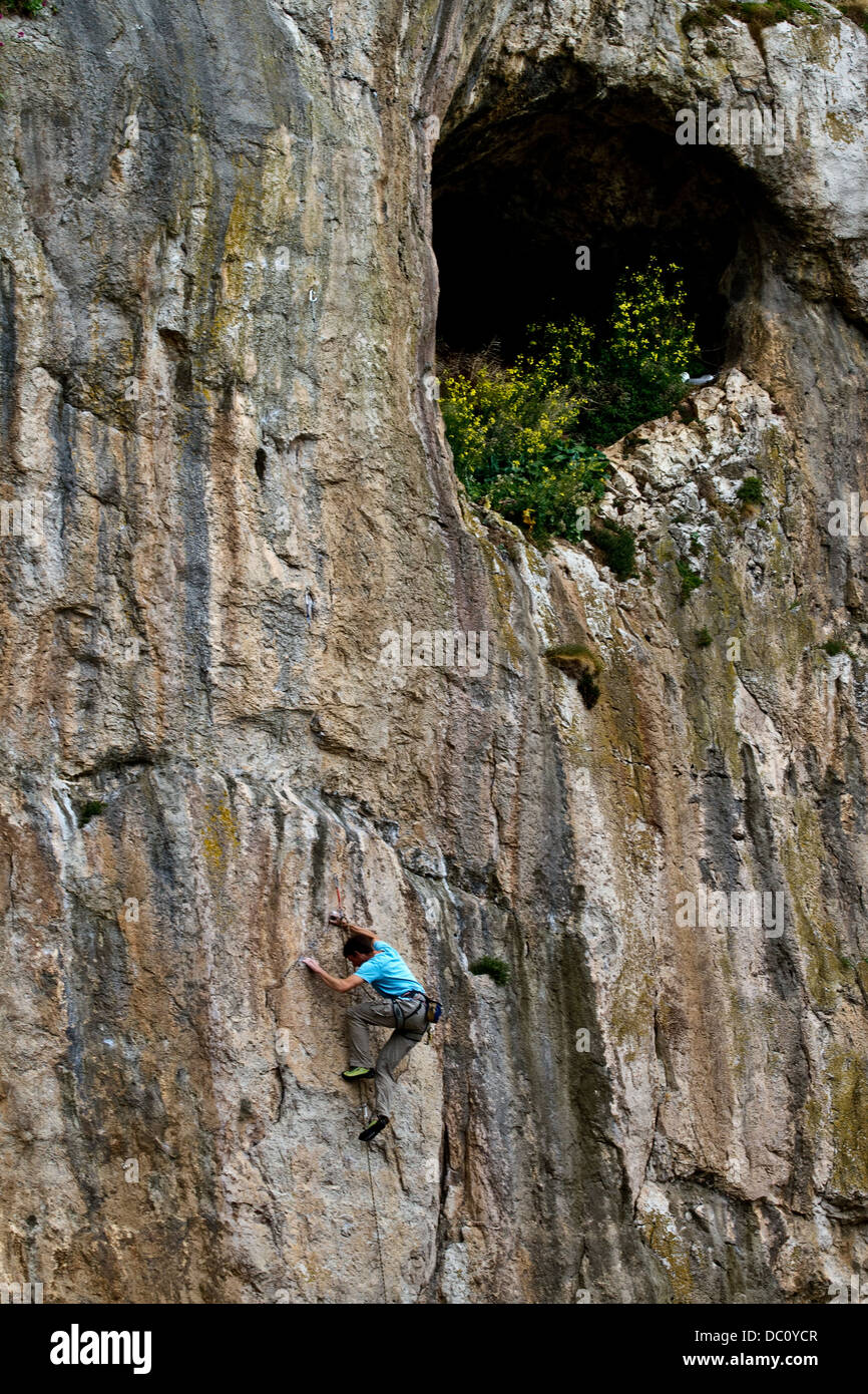 Ein Kletterer, Klettern an der Great Orme Klippen in der Nähe von Llandudno, Snowdonia, North Wales, UK Stockfoto