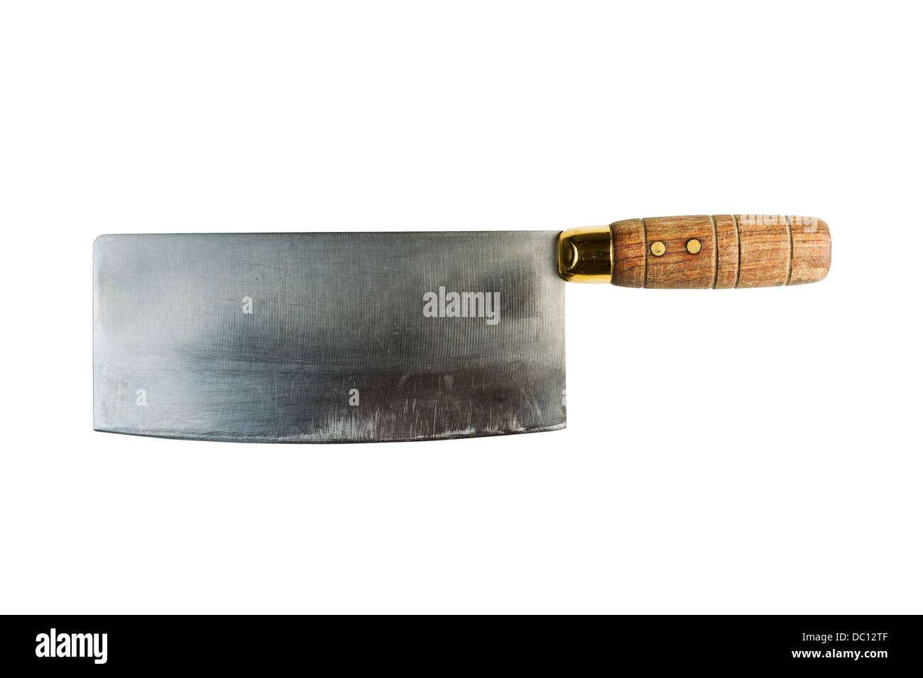 Horizontale Foto von einem großen alten Metzger Messer isoliert auf weiss Stockfoto