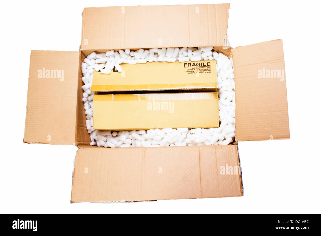 Verpackung-Außenhülle mit inneren Kasten und Kunststoff Loosefill Verpackung Stockfoto