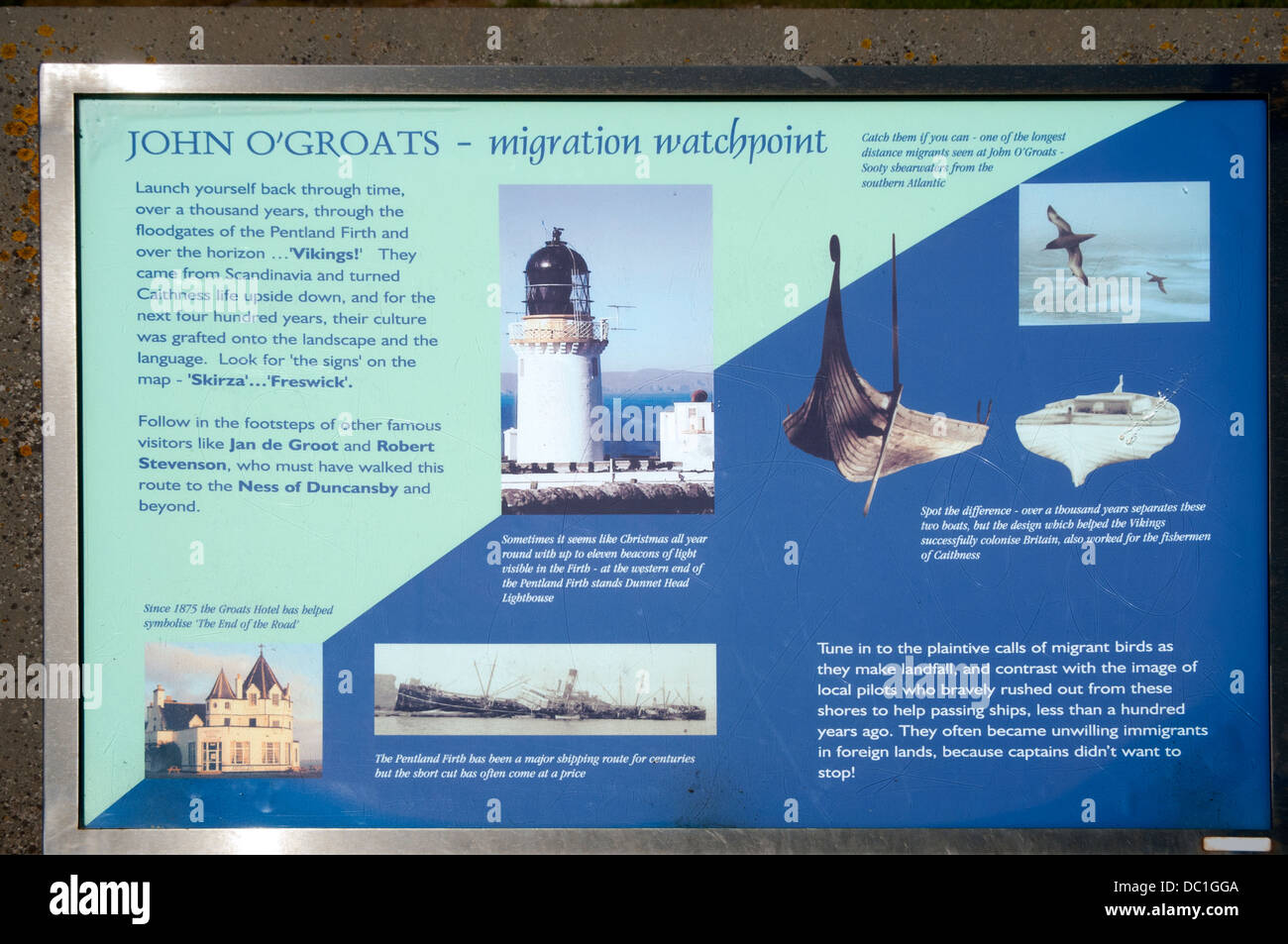 Touristischen Hinweisschild (interpretativen Board) auf dem Küstenpfad bei John O' Groats, Caithness, Schottland, UK Stockfoto