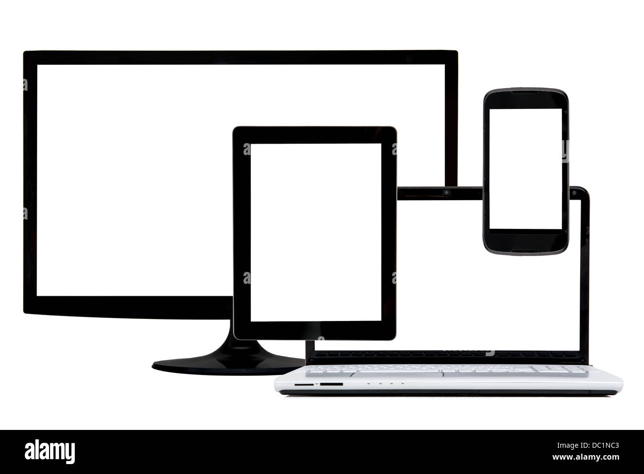 Laptop, Tablet, Tv und Telefon, die isoliert in weiß Stockfoto